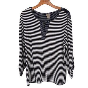 Chicos 3 blue White Striped 3/4 Sleeve knit Top shirt  Womens Size XL Cotton